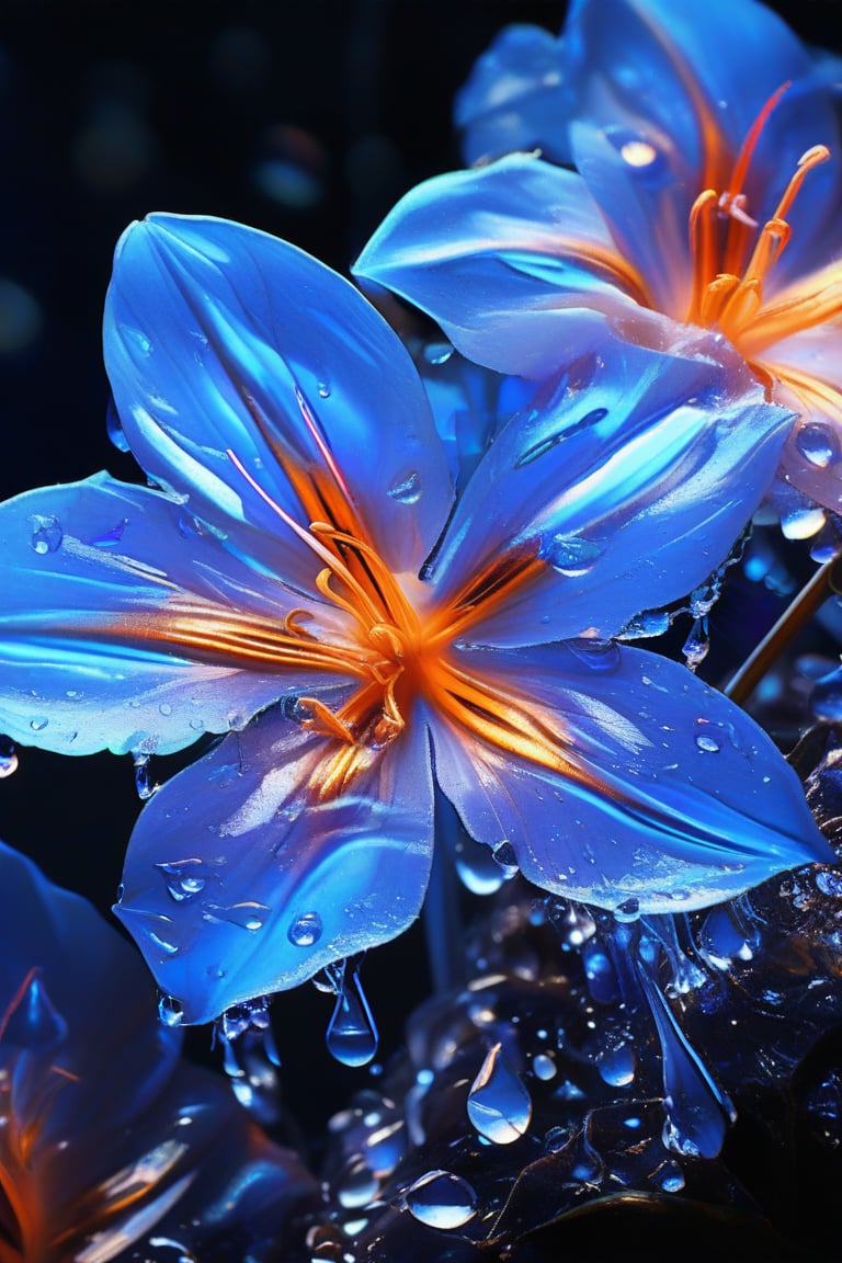 masterpiece, 8k, HDR, best quality, (highly detailed skin), photography, analog style, real life, extremely beautiful, (highly detailed, intricately detailed), (alluring eyes), depiction of a bioluminescent flower with bright, sharp, staring eyes, bluebell's petals attached to water droplets, mimics the texture seen in sculptural artwork, delicate combination of oil and marker lines on cracked epoxy glass, ultra-fine illumination, highly stylized and dramatic, (3D) image