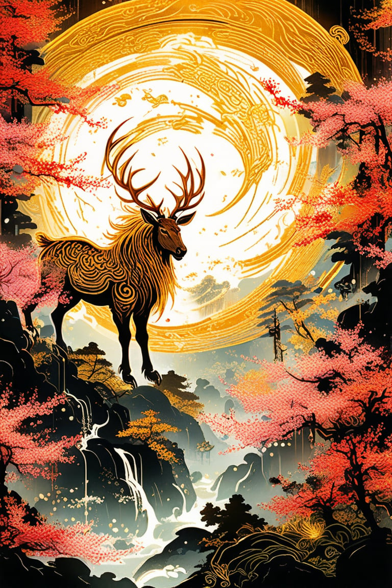 Masterpiece, beautiful and aesthetic, ultra detail, intricate, calligraphy brush, gold leaf sparkle, kanji, intricate nishiki-e, describing an epic scene, a mystical qilin galloping through a lush forest, its antlers glowing, leaving a trail of blossoms in its wake. Inspired by Chinese folklore.