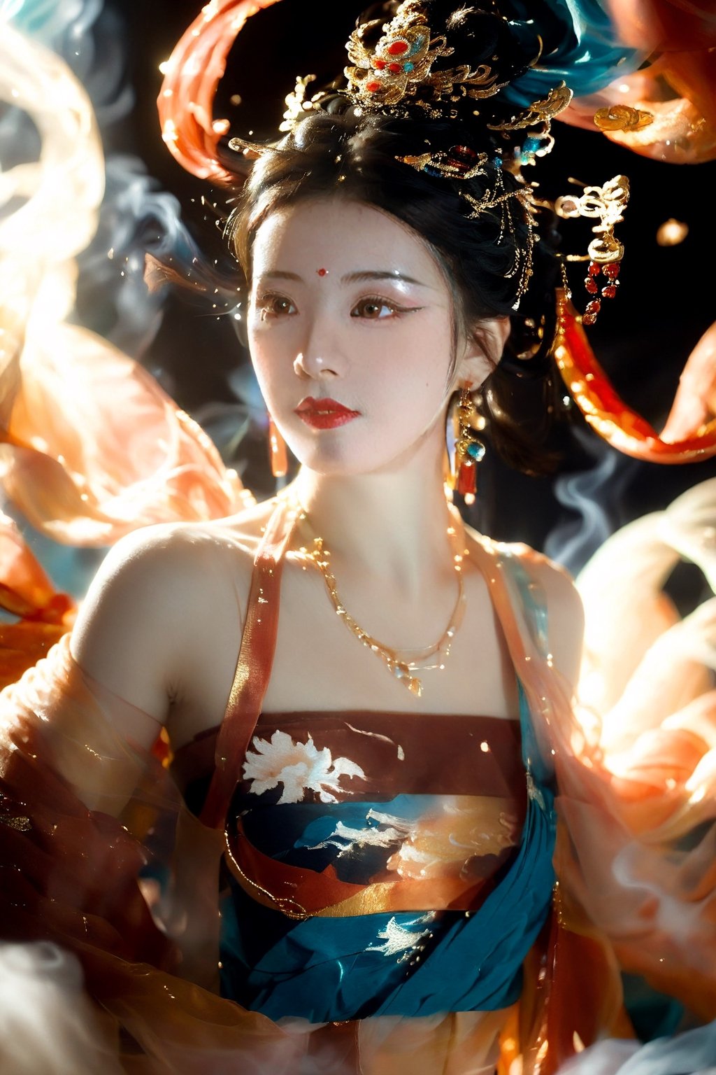 1girl, solo, looking at viewer, black hair,  bare shoulders, jewelry, standing, earrings, necklace, light particles, shawl, red lips, dunhuang, smoke,dunhuang