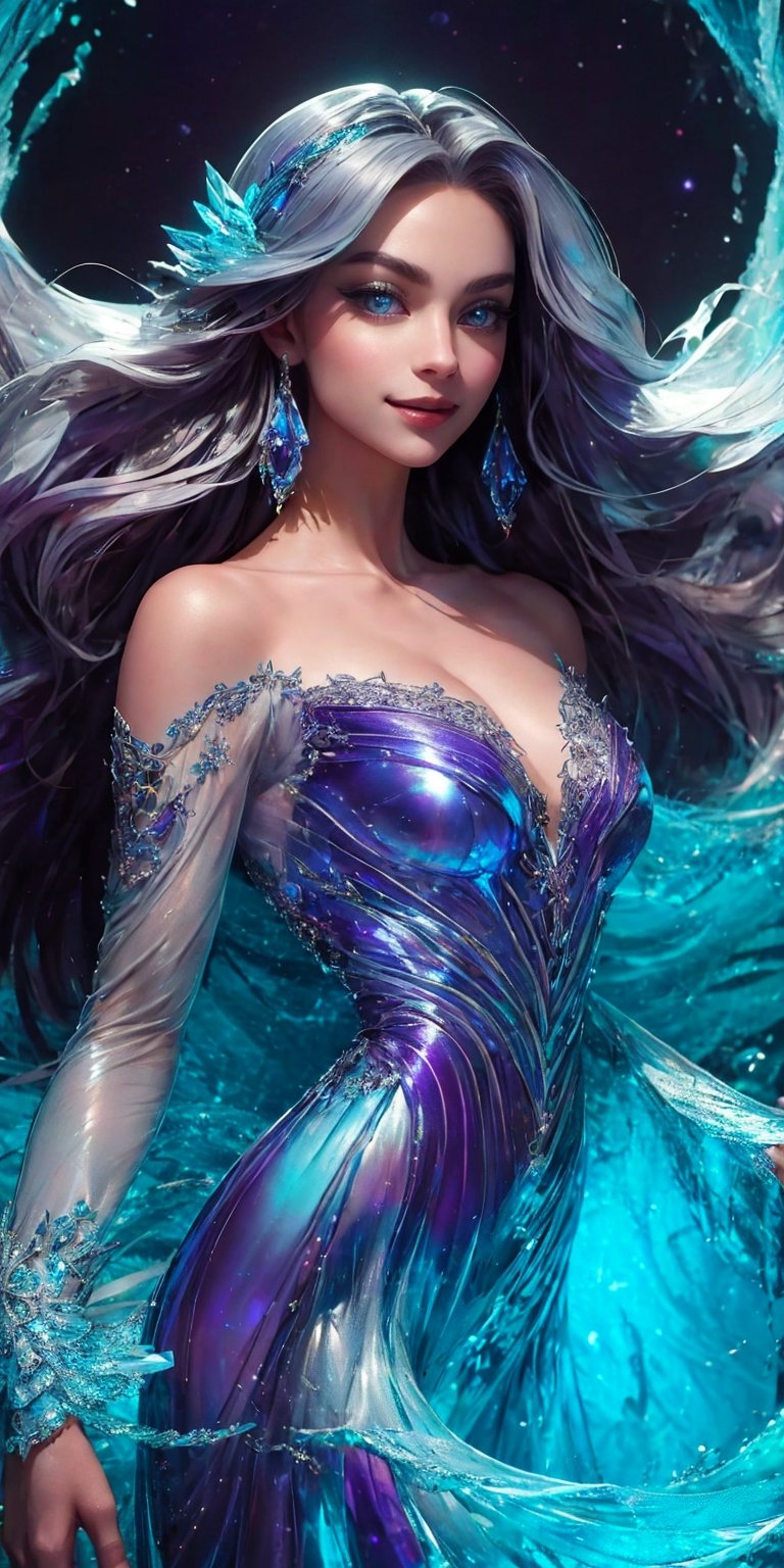 The ultimate space princess is a sight to behold, her flowing gown shimmers with ethereal hues of deep purple and silver, adorned with intricate lacework and embellished with sparkling gemstones. Her long hair cascades in iridescent waves, framing a face that radiates pure beauty and grace. resulting in a breathtaking masterpiece that leaves the viewer in awe.light smile,straight-on,