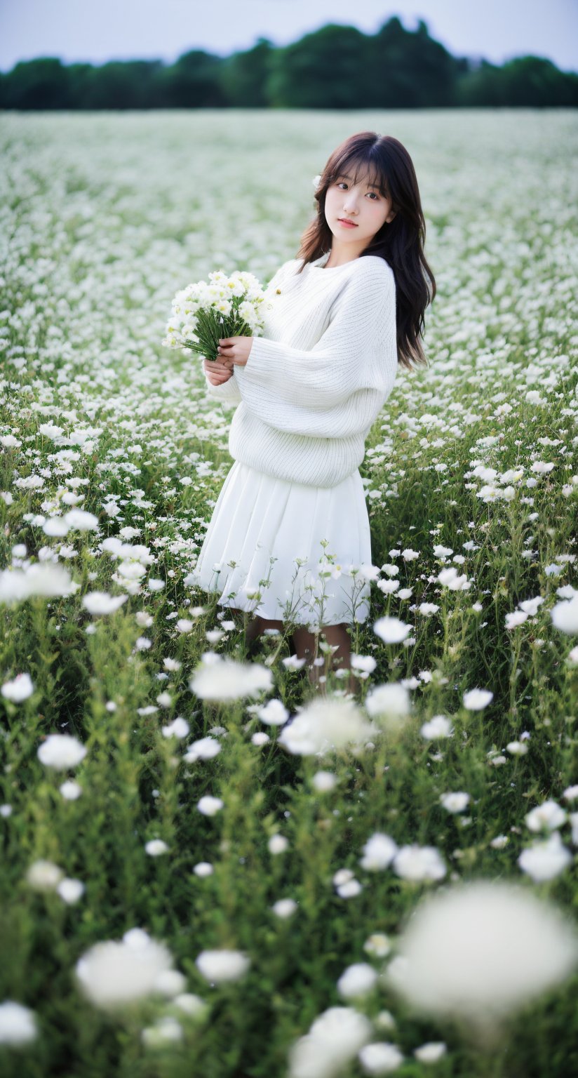 A young woman standing amidst a field of white flowers. She is wearing a brown sweater and a white skirt. She holds a bouquet of white flowers in her hands. The sunlight filters through the background, creating a soft glow. The woman has long, dark hair and is looking directly at the camera.