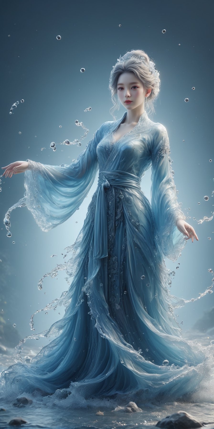 (winter theme):1.67, award-winning portrait, hyperrealistic:1.5, the most remarkable elegant princess in the world, light-blue exquisite hanfu made of water, black embroidery, long and wide sleeves, (pronounced facial features):1.2, face radiating lust, (symmetric v-shaped face):1.3, (bright eyes):1.4, glamorous face, long hair, watce, (rose petals):1.5, Chinese girl