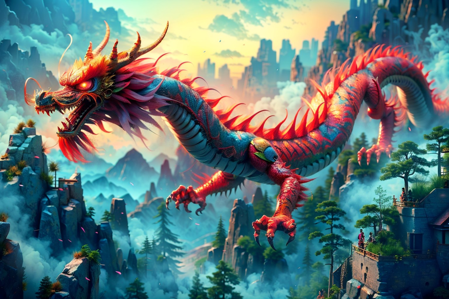 3d animation, an ancient chinese dragon, full body dragon flying, photo, stunning fantasy world background,ancient chinese dragon