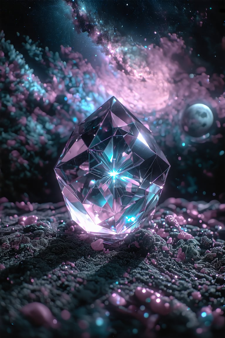 Under a celestial canvas of purples, pinks, and blues, a large glass prism lies majestically on a textured landscape, as if plucked from the stars. The moon casts its silvery glow upon the scene. Within the prism, intricate geometric polyforms emerge, mirroring the universe's harmony. High-definition 3D rendering brings forth vibrant hues, while precise lighting and composition create an otherworldly atmosphere.