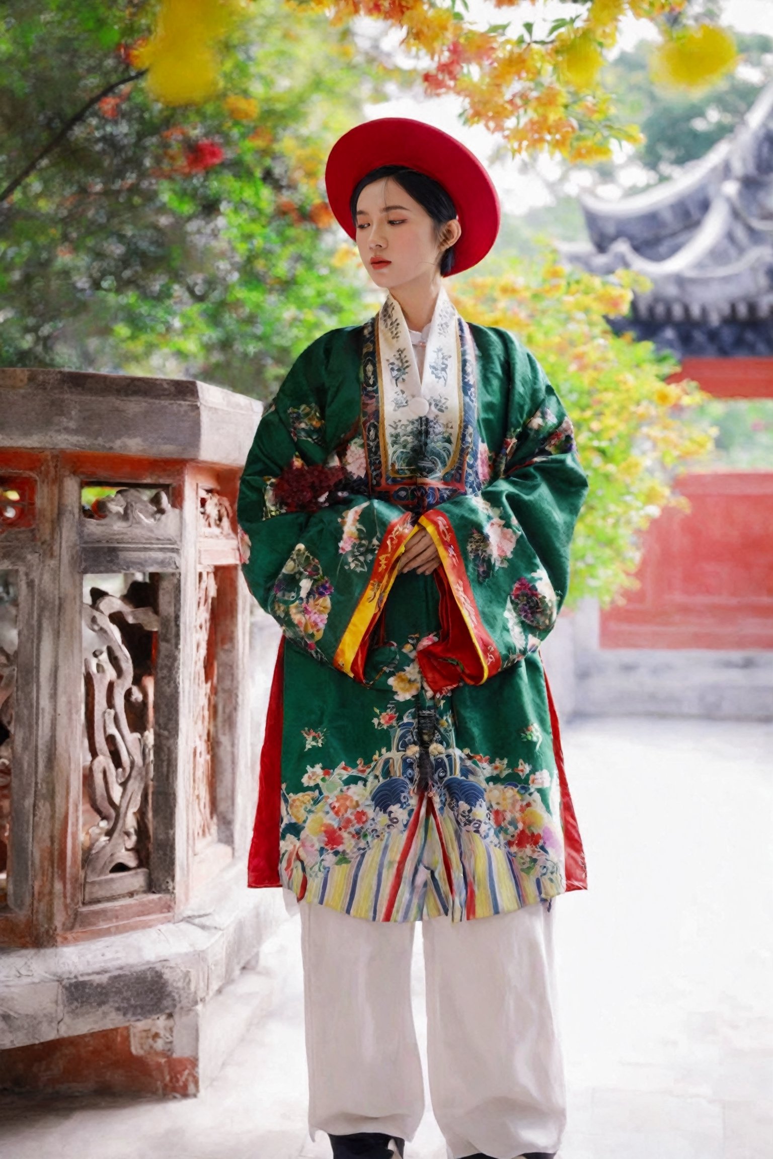 1girl, solo, short hair, black hair, long sleeves, hat, standing, full body, floral print, architecture, east asian architecture, nhat_binh, looking at viewer