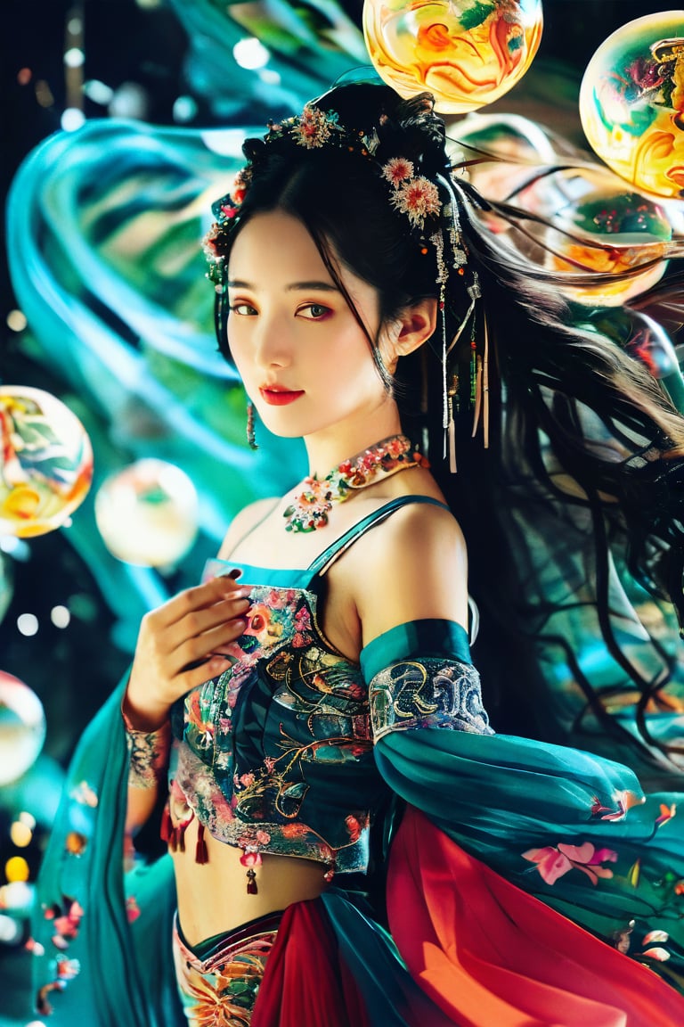  A girl, photographed from head to toe, wears an ornate, flowing costume from ancient Chinese Dunhuang murals in bright colors including turquoise, gold and red, embellished with floral patterns and delicate details. The long flowing black hair is decorated with ornate hair accessories, against a background of softly blurred glowing spheres and abstract elements, suggesting a mysterious or dreamy environment. The dynamic light and flow of clothing convey a sense of movement, adding to the ethereal quality of the artwork. The overall ambience is both serene and vivid, and the rich combination of textures and colors is intoxicating