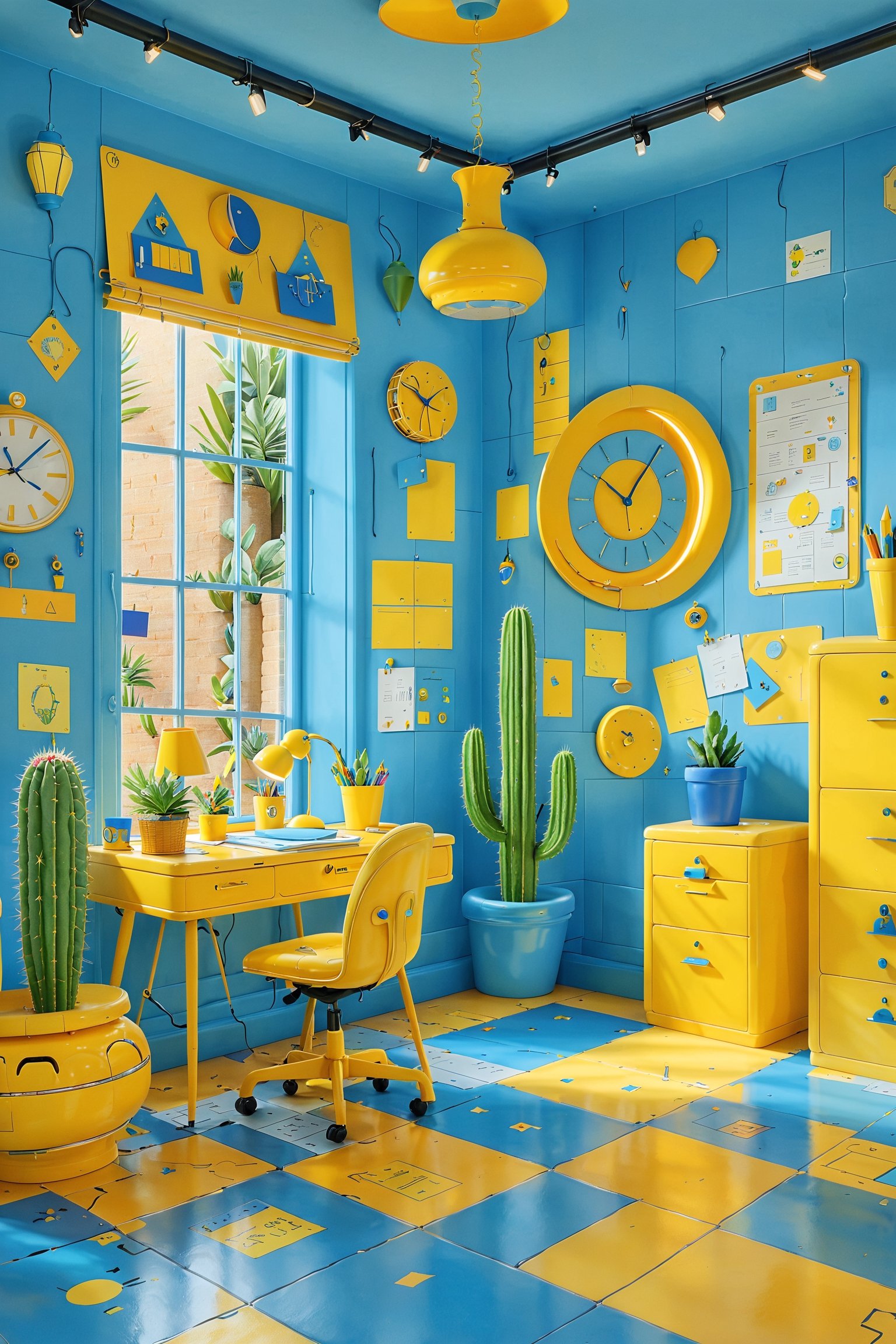 A vibrant and whimsical room with a predominantly blue and yellow color scheme. The room features a desk with various stationery items, a chair, and a lamp. There's a cactus placed near a window, and the walls are adorned with notes, drawings, and a clock. The floor has a unique design, resembling tiles, and there's a potted plant on the floor. The room gives off a creative and artistic vibe, possibly belonging to someone who enjoys drawing or writing.