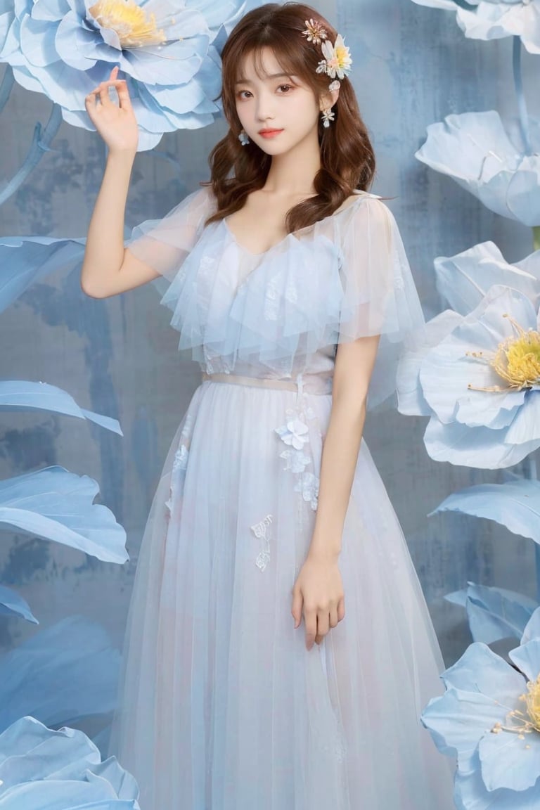 1girl, solo, long hair, brown hair, hair ornament, dress, brown eyes, flower, hair flower, white dress, blue flower,giant_flower