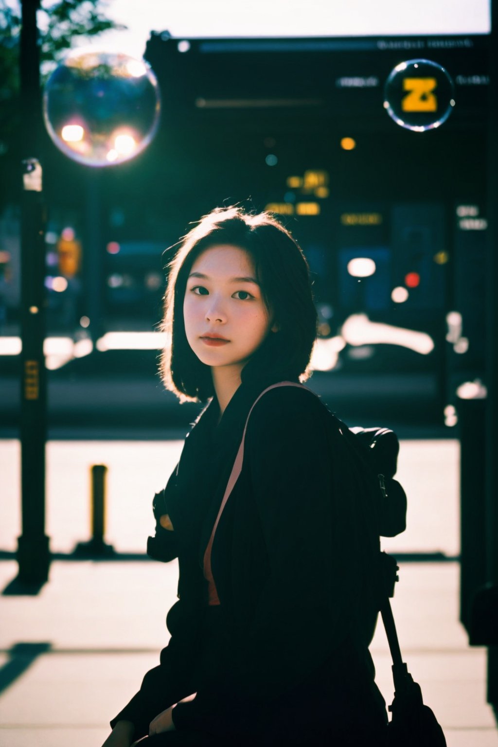 photo of a beautiful young woman waiting for the bus in downtown Seattle, hyper-realistic, soft focus, pose, film/cinematic photo, dynamic, natural, good lighting, 35 mm, good proportions,dream_girl,bubble