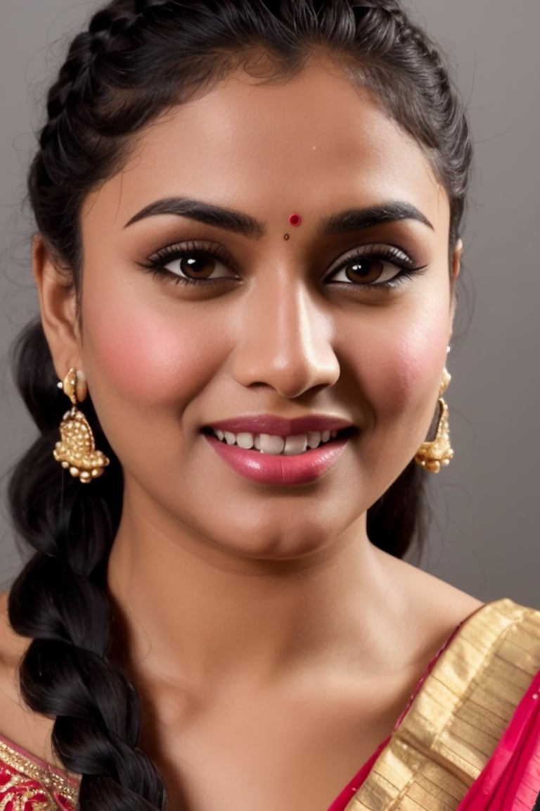 Beautiful tamil woman, face close up, grey background, black long hair braided and kept in front, round chubby face, sharp eyebrows, seductive eyes, looking straight into viewers, short nose, wearing visible nose ring, pimpled cheeks, smiling naughtily, dimple in cheeks, juicy pink lips, fair skintone,Masterpiece,indian_bride