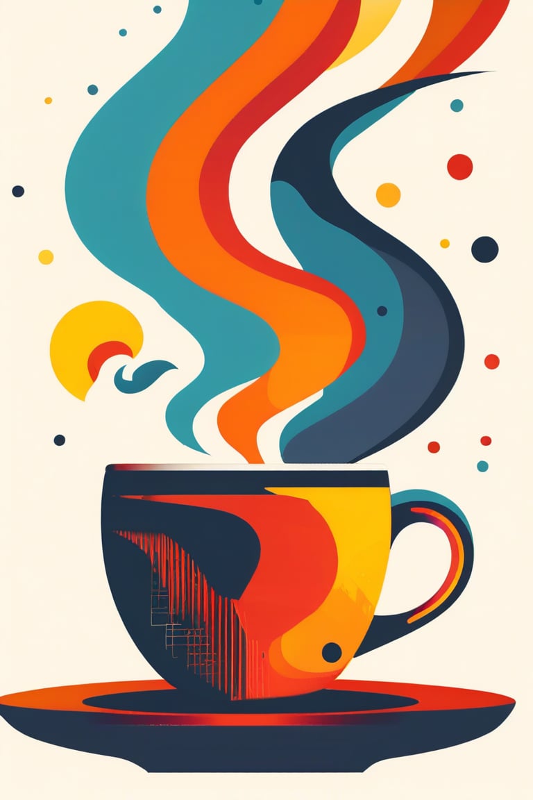 A flat design illustration of a steaming cup of coffee, with vibrant and contrasting colors. The style is clean and modern, featuring simple geometric forms, limited shading, and a balanced composition. The colors are bold and dynamic, giving a fresh and retro-futuristic look.