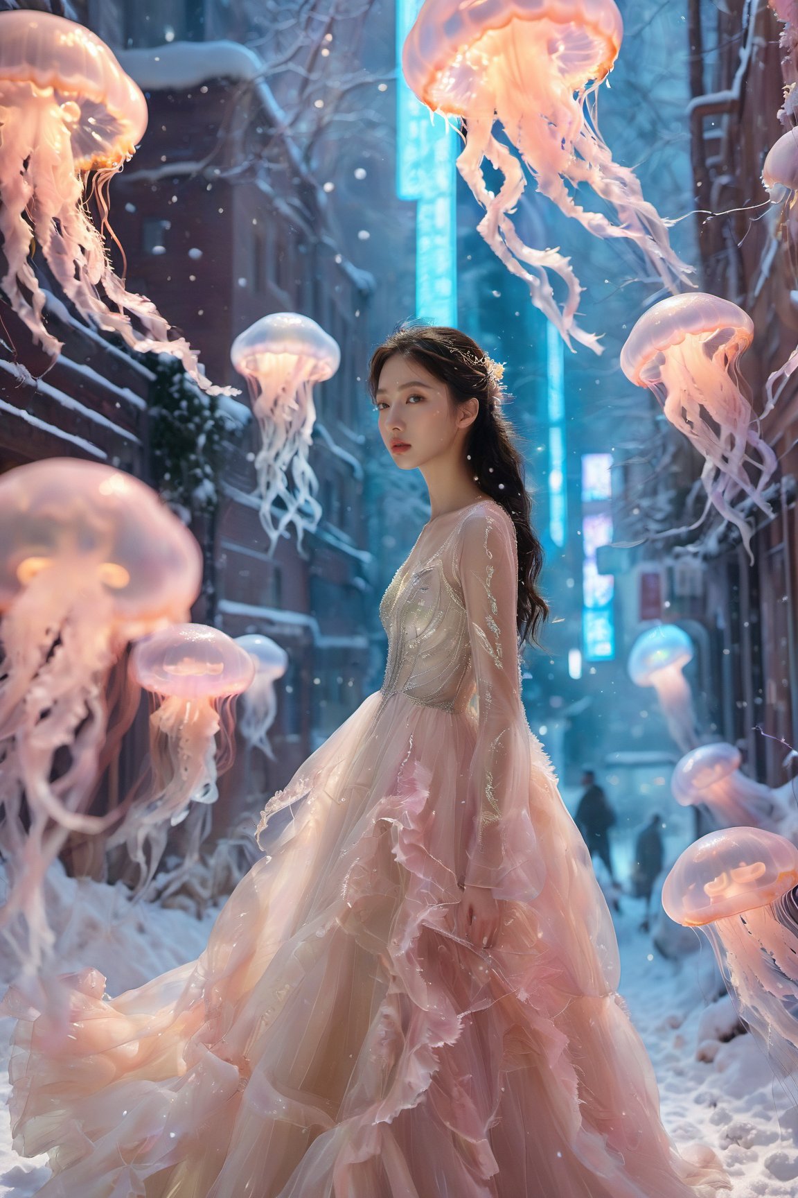 A mesmerizing winter scene in a futuristic city. Tall skyscrapers, adorned with vibrant holographic jellyfish, dominate the backdrop. Snow blankets the ground, and a few trees stand tall amidst the urban landscape. In the foreground, a female figure with flowing hair and a detailed dress stands, gazing up at the luminescent jellyfish. She's surrounded by a serene ambiance, with a few distant figures walking on the snow-covered path. The entire scene is bathed in a soft, ethereal light, creating a dreamlike atmosphere.