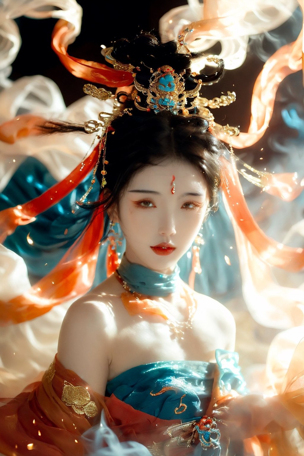 1girl, solo, looking at viewer, black hair,  bare shoulders, jewelry, standing, earrings, necklace, light particles, shawl, red lips, dunhuang, smoke,dunhuang