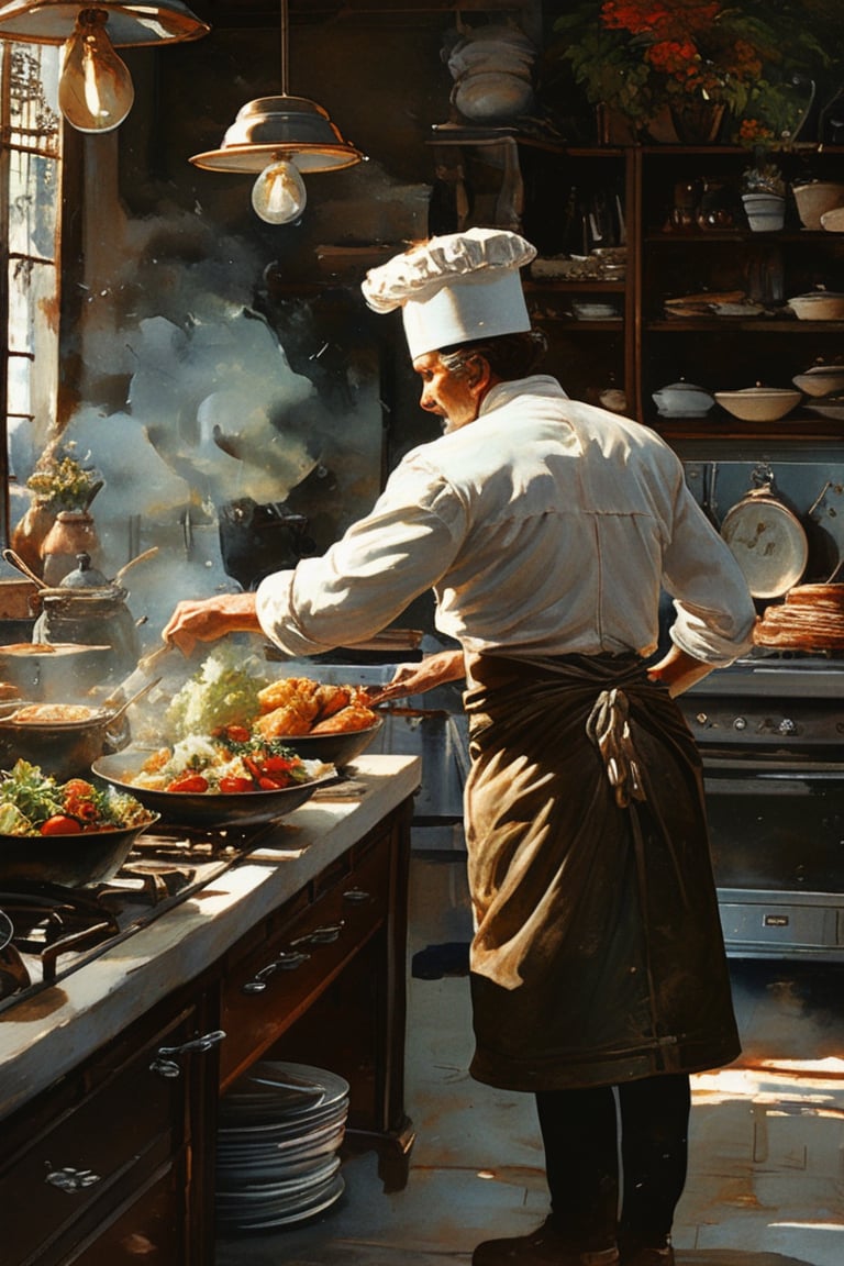 masterpiece, top quality, best quality, official art, beautiful and aesthetic, extreme detailed, a chef cooking in a bustling kitchen, captured in the lively style of Norman Rockwell and Jean-Baptiste-Siméon Chardin