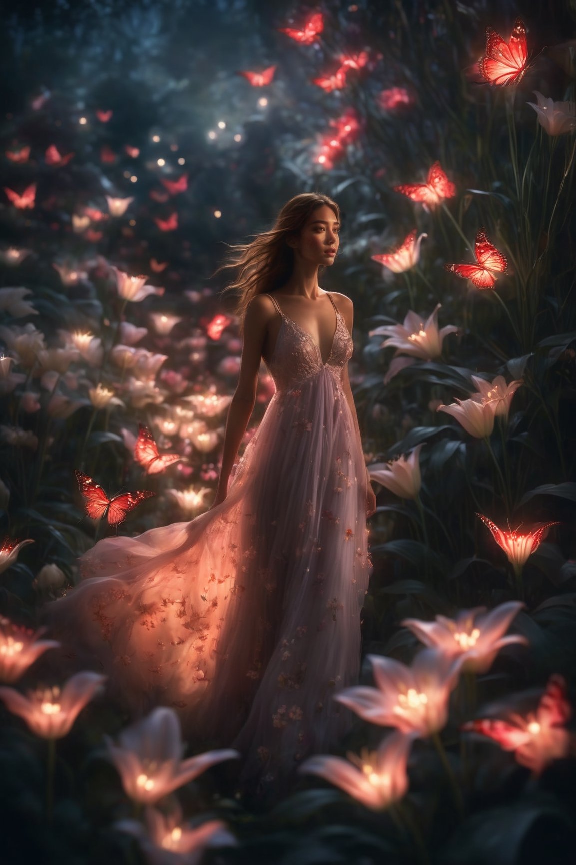 1girl, full body, high detailed, ultra realistic,  Bathed in ethereal moonlight, a figure stands amidst a field of spider lilies, their crimson whispers echoing the sorrow in their eyes. Butterflies, fragile yet determined, flutter around them, drawn to the moonlit beauty and silent lament. (Focus on melancholic ambiance, contrasting colors, and the butterfly's symbolic hope), Movie Still,Amethyst 