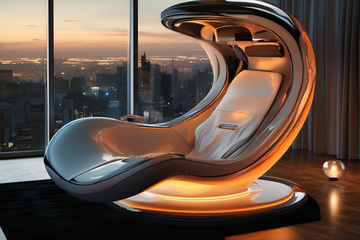 masterpiece, top quality, best quality, official art, beautiful and aesthetic, extreme detailed, a zero-gravity chair with sleek, transparent materials and glowing edges, minimalist design, set in a futuristic living room with panoramic cityscape views