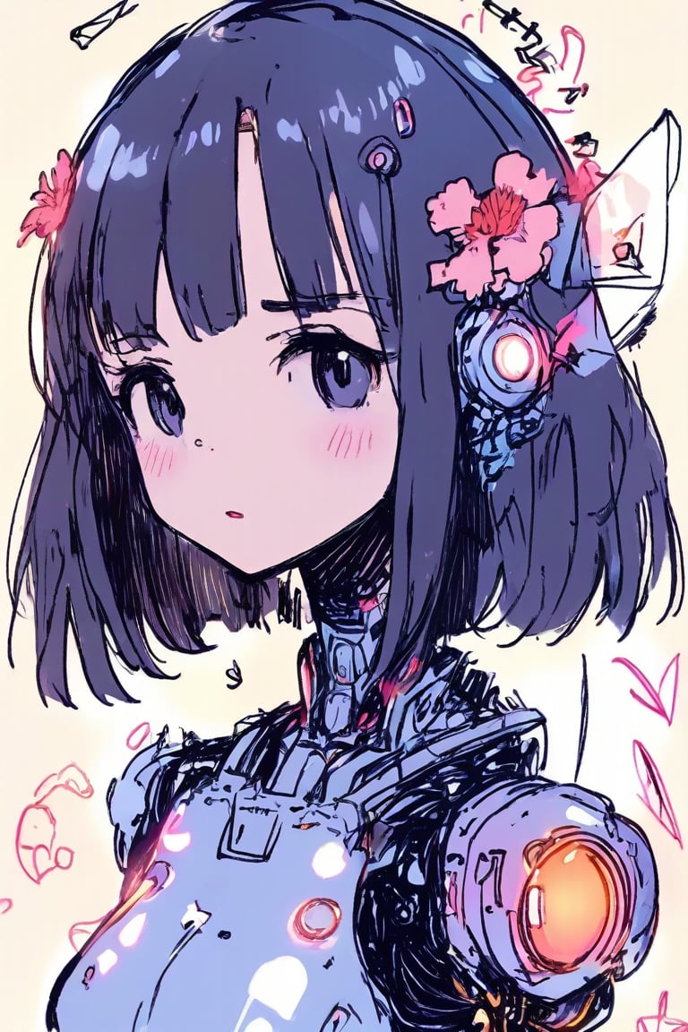 1girl, anime, futuristic, transparent glass cyborg, floral elements, neon lights