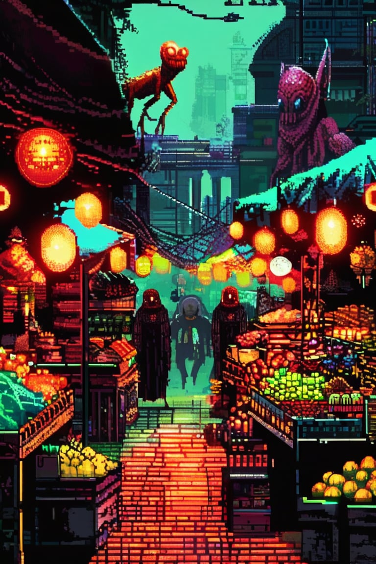 Pixel art of a bustling alien market, with colorful stalls selling strange fruits, glowing crystals, and bizarre artifacts. Alien creatures of all shapes and sizes wander through the market.