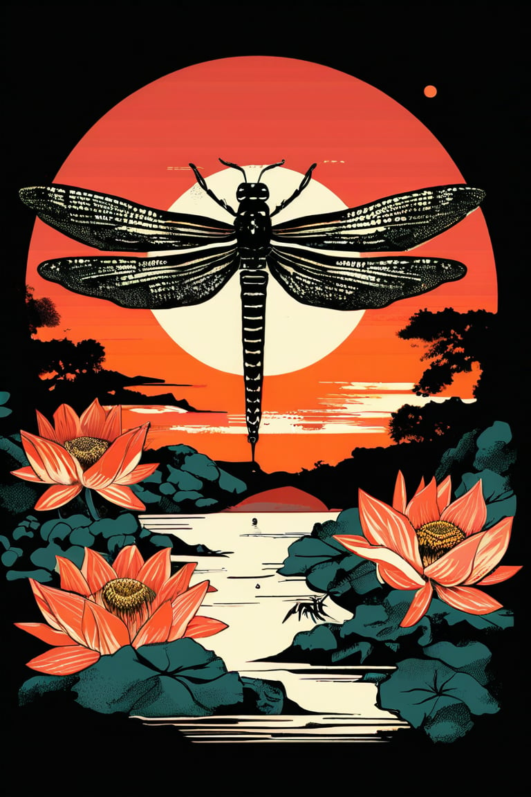 A vintage t-shirt design with retro-inspired typography surrounding a sumi-e ink illustration of a dragonfly hovering over a pond, with lotus flowers, incorporating Japanese calligraphy, black background, colorful shades, highly detailed, vector image, vibrant and clean, with a sunset backdrop, photorealistic style, flat design.