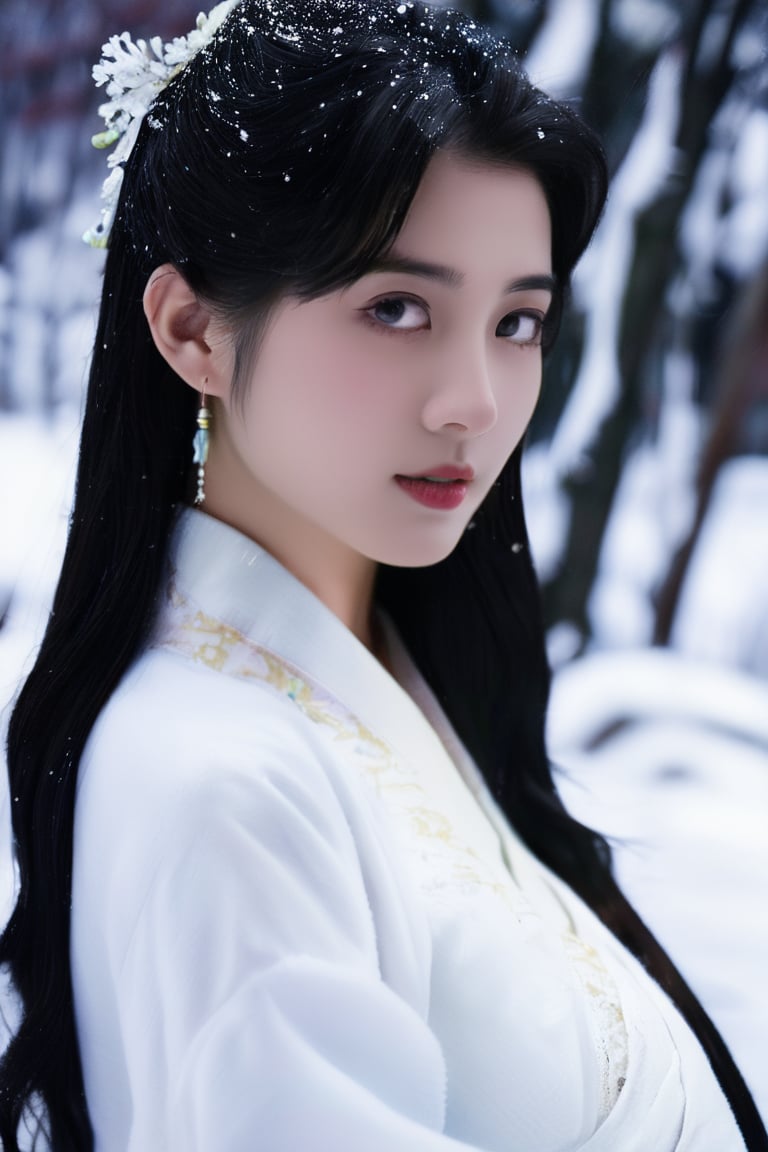 A 23-year-old Taiwanese beauty with long hair, perfect body proportions, naturally large breasts, natural makeup, and a noble and elegant temperament. She is wearing a gorgeous white Hanfu is watching the snow scene. solo, model pose.