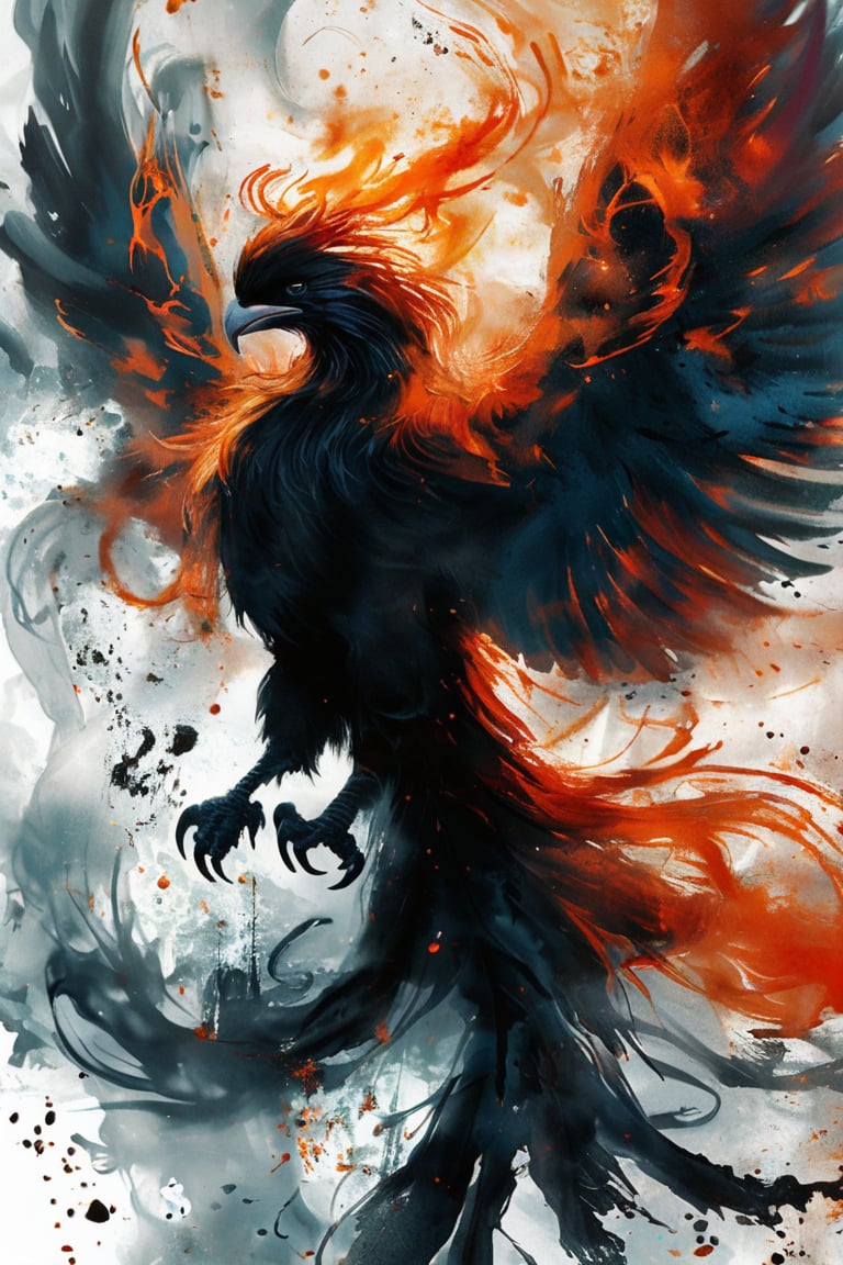 A majestic phoenix's silhouette stands out against a mesmerizing backdrop of swirling ink brushstrokes. The phoenix's piercing gaze meets the viewer's as it rises from the ashes, suspended in a dramatic ascent pose. A veil of ink rain and smoke surrounds the subject, with delicate droplets glistening like tiny jewels. Masterfully crafted digital art with a professional touch, this stunning image exudes a sense of mastery.