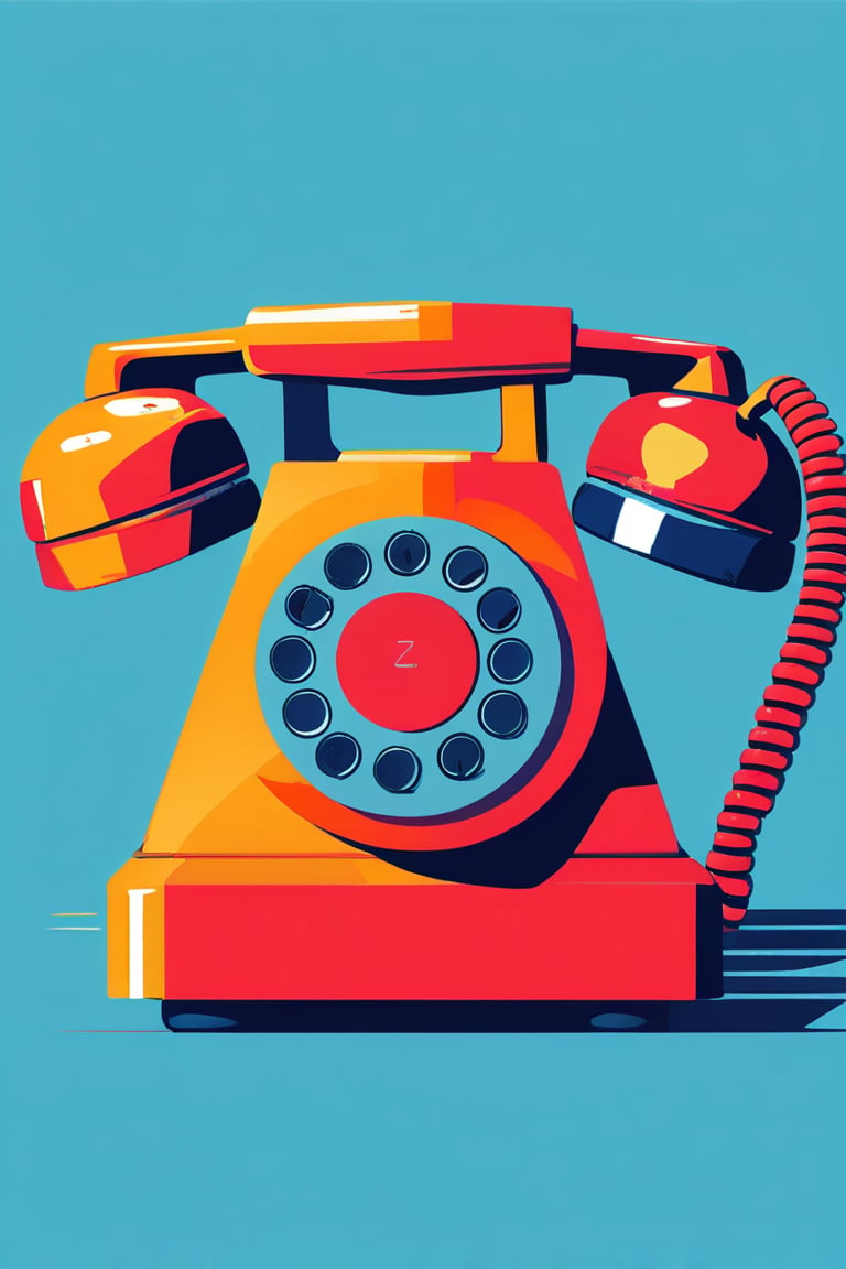 A flat design illustration of a vintage telephone, with vibrant and contrasting colors. The style is clean and modern, featuring simple geometric forms, limited shading, and a balanced composition. The colors are bold and dynamic, giving a fresh and retro-futuristic look.