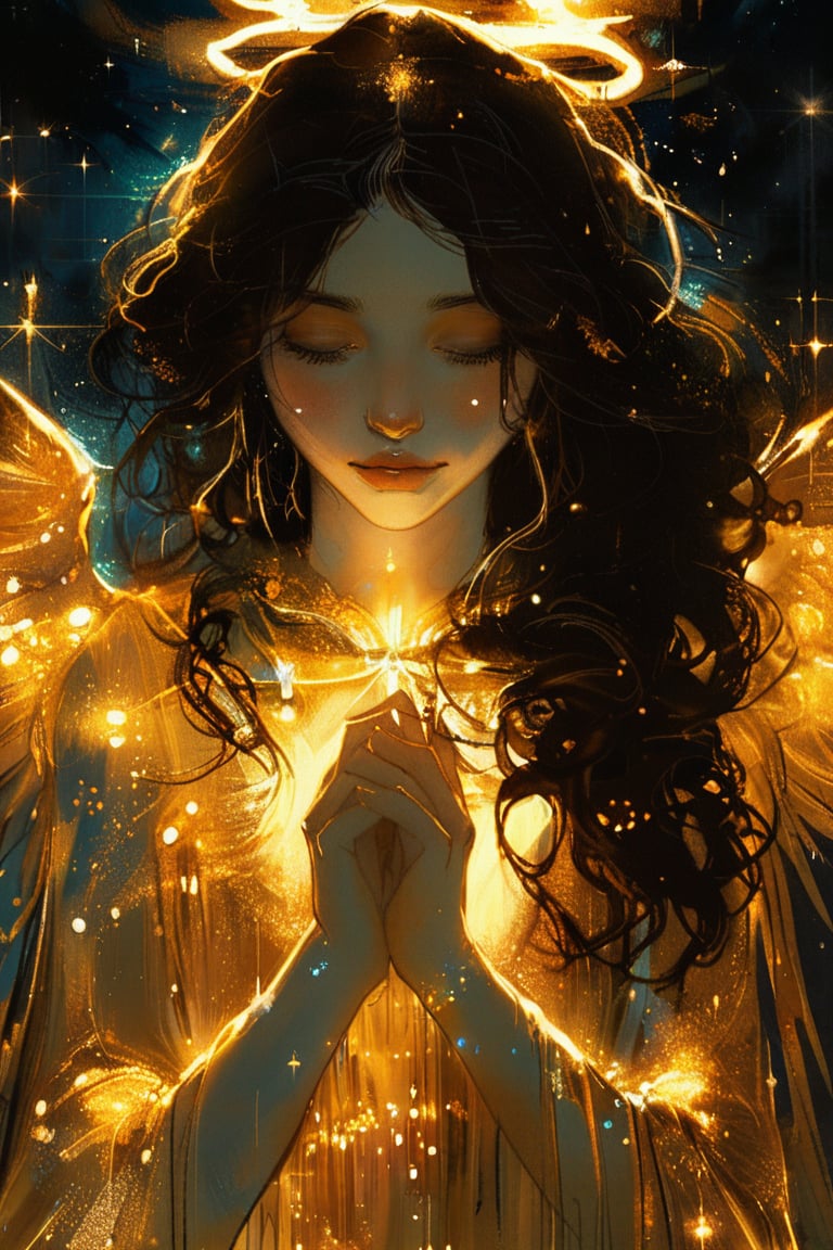 (a beautiful golden angel in the style of Carne Griffiths, Conrad Roset), (composition by Alphonse Mucha), gorgeous, heavenly, ethereal, soft glow surrounding her, bioluminesence, pitchblack background, long flowing black hair, stars, midnight, hands clasped