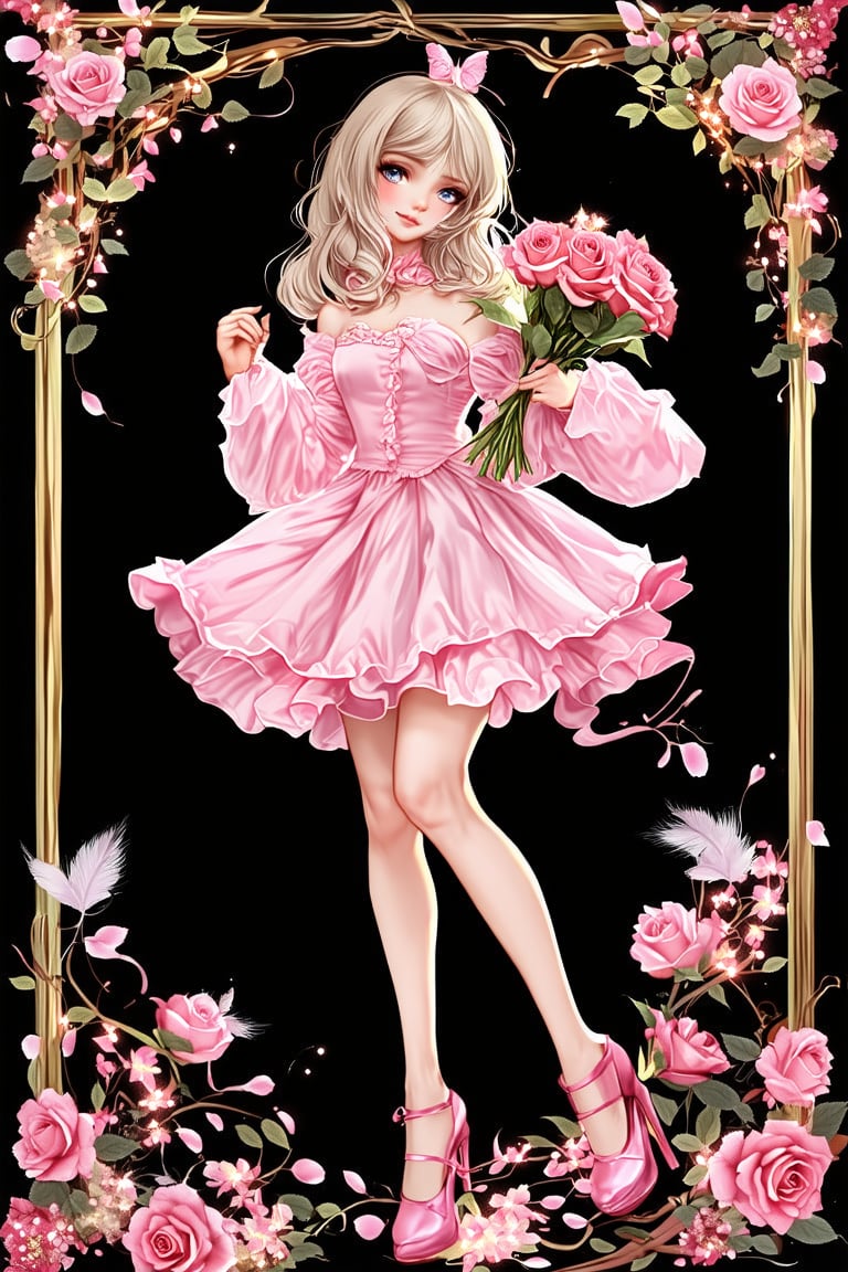 A whimsical Alice in Wonderland masterpiece features a petite, wavy-haired beauty with grey eyes and small breasts. She stands tall, blushing bright pink as she gazes directly at the viewer with a warm smile. Her long, fluffy sleeves and high heels add to her ethereal charm. A delicate butterfly adorns her hair, complemented by a rose-petal hair ornament and a pink dress with puffy sleeves and laces. A ribbon wraps around her neck, holding a bouquet of roses against the dramatic black background. Pink flowers and feathers surround her, as she holds her skirt up, showcasing her pink footwear.