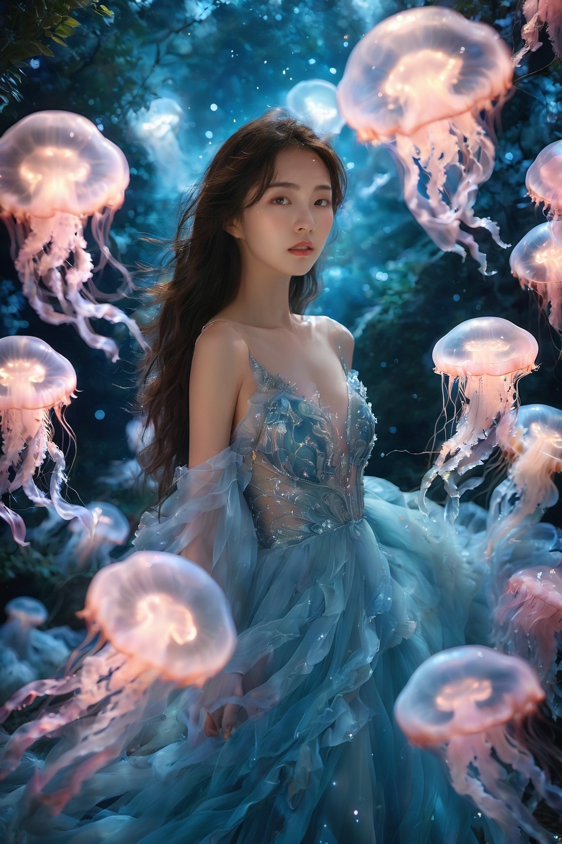 An Asian young woman with long flowing hair, adorned in a delicate midnight blue gown, surrounded by a mesmerizing moonlit meadow environment. She stands amidst a dance of luminescent jellyfish, which glow in hues of pink and blue. The backdrop is a starry sky, punctuated by the soft glow of bioluminescent fireflies and the gentle rustle of grasses. The woman's gaze is distant, as if lost in thought, while the jellyfish float gracefully around her, creating an ethereal and dreamlike atmosphere.