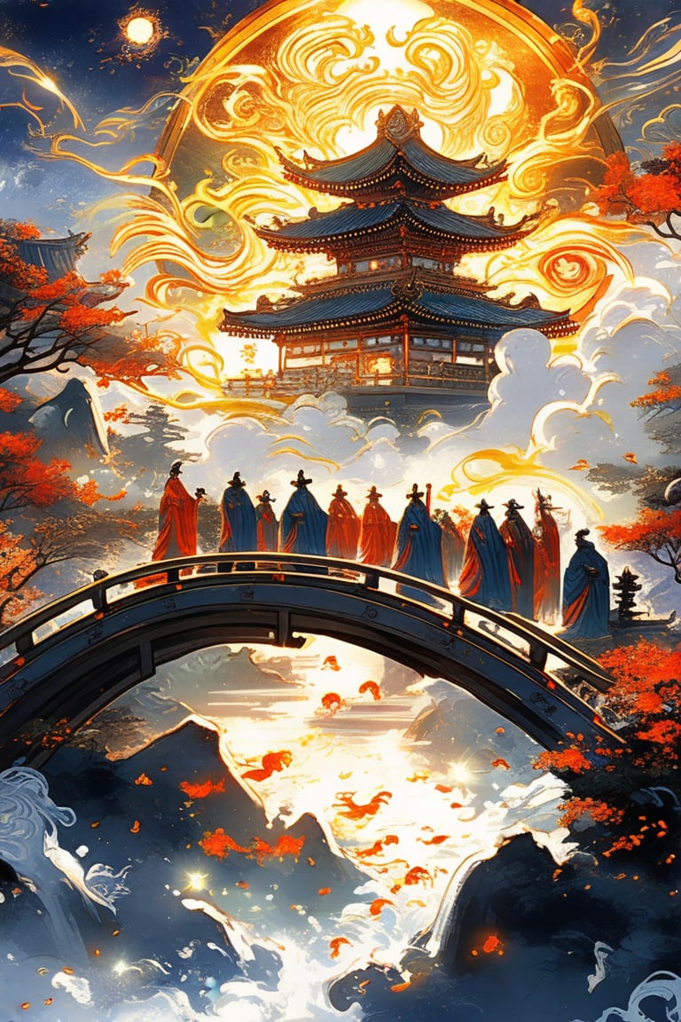 Masterpiece, beautiful and aesthetic, ultra detail, intricate, calligraphy brush, gold leaf sparkle, kanji, intricate nishiki-e, describing an epic scene, a heavenly procession of deities crossing a celestial bridge, their divine light banishing the darkness below. Inspired by Chinese legends.