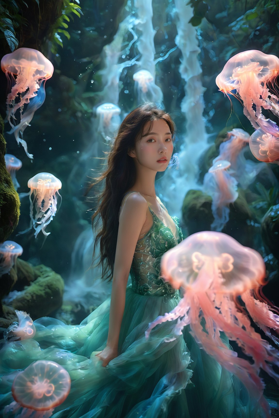 An Asian young woman with long flowing hair, adorned in a delicate emerald green gown, surrounded by a mesmerizing rainforest waterfall environment. She stands amidst a dance of luminescent jellyfish, which glow in hues of pink and blue. The backdrop is a cascading waterfall, punctuated by the soft glow of bioluminescent plants and the gentle mist of water. The woman's gaze is distant, as if lost in thought, while the jellyfish float gracefully around her, creating an ethereal and dreamlike atmosphere.