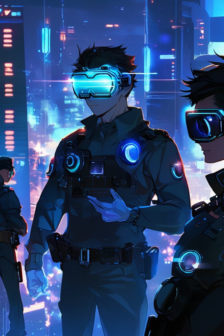 A high-tech police investigator at a crime scene in a futuristic city. They use advanced forensic tools and augmented reality glasses to gather evidence and reconstruct events. The investigator's cybernetic eye scans for hidden clues. Anime style