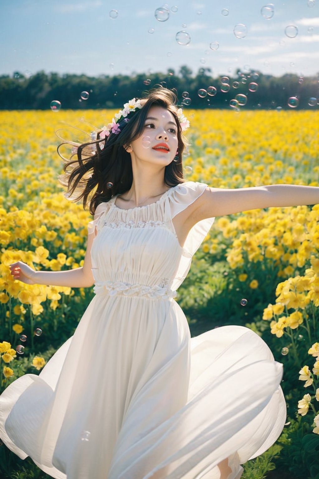 1girl,slg,flower,floating petals, flower field,cropped shoulders,wind,floating hair,glowing hair,happy,melowh,mid-shot,head lift,elegant,cowboy shot,dancing,dousha-colored lips,eyelashes,white and tender skin,the floating petals revolve around the girl,romanticism,flower wreath,dancing among the flowers,dream_girl,bubble