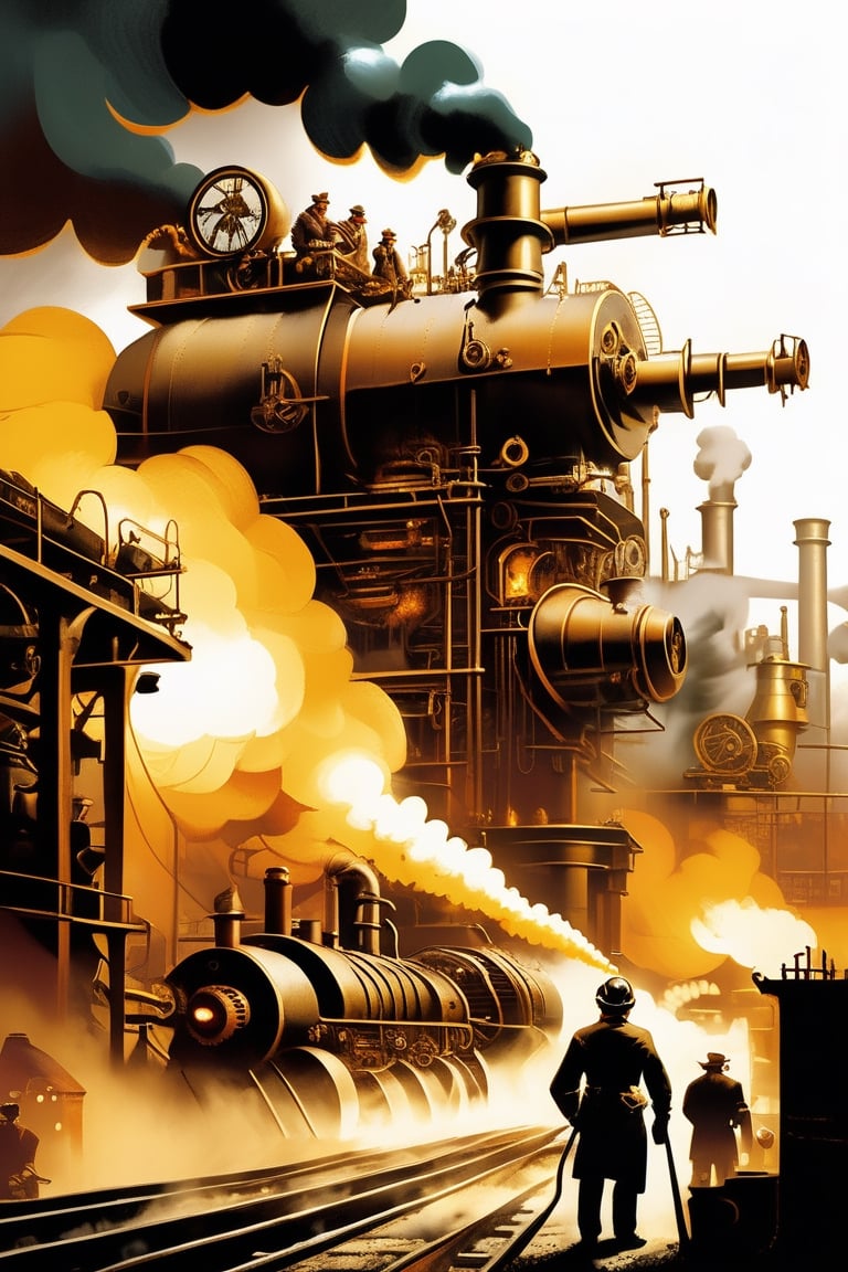 An industrial revolution in full swing, with a steampunk twist. In the foreground, factories belch plumes of steam and smoke, their massive gears and pistons working tirelessly to power the burgeoning machinery. Workers in leather goggles and brass goggles toil away amidst the clang of metal and the hiss of steam, creating a scene straight out of a retro-futuristic novel.