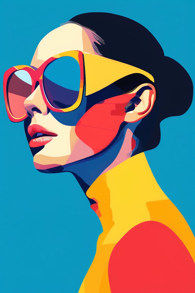 A flat design illustration of a woman wearing sunglasses, with vibrant and contrasting colors. The style is clean and modern, featuring simple geometric forms, limited shading, and a balanced composition. The colors are bold and dynamic, giving a fresh and retro-futuristic look.