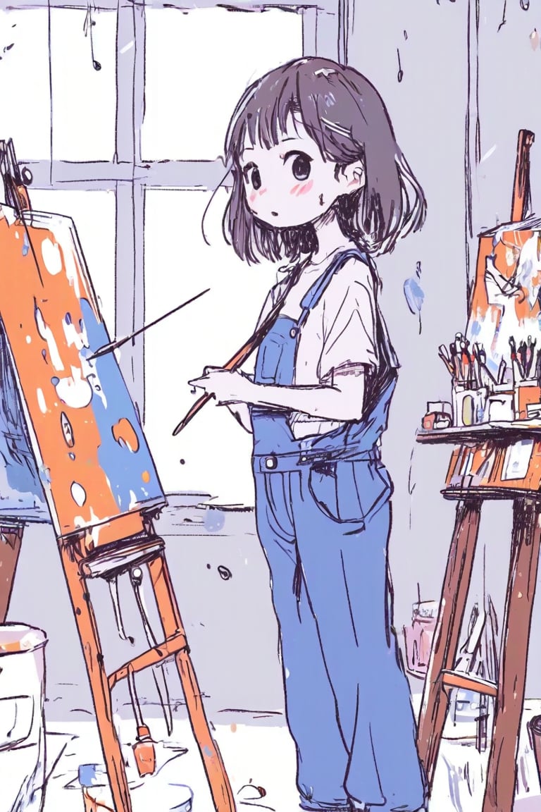 1girl, anime, painting a beautiful canvas in an art studio, wearing overalls and a paint-splattered shirt, easel and various art supplies around her, large window with natural light