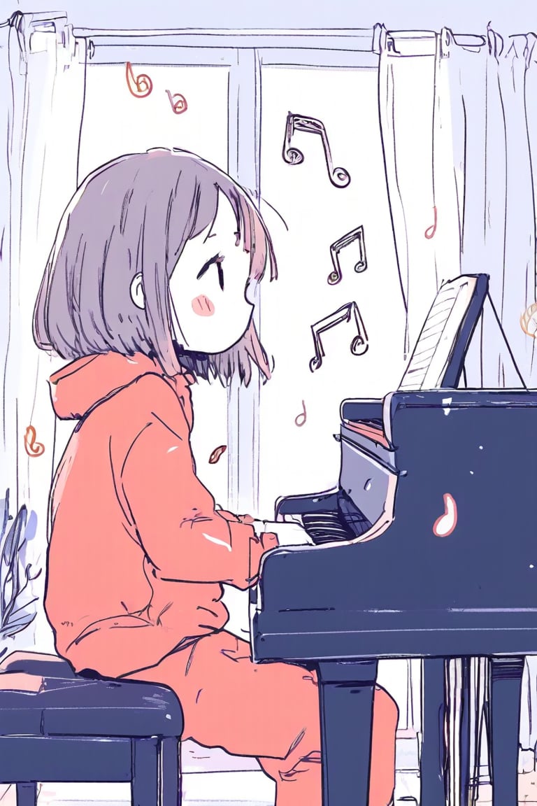 1girl, anime, playing the piano in a cozy living room, wearing a casual outfit, soft sunlight streaming through the windows, comfortable furniture and decor around her, music notes floating in the air