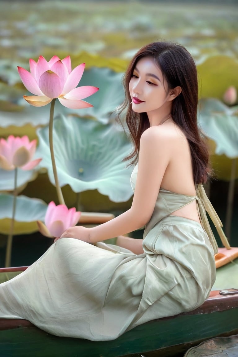 full body,bare shoulder,sexy,1 girl,simple background,(masterpiece, best quality),realistic,outdoors,lotus lake,boat,, (masterpiece,best quality:1.5),ao_yem