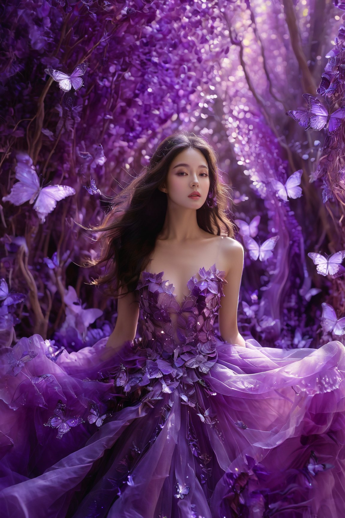 A woman surrounded by a myriad of amethyst purple butterflies. She wears a gown made of amethyst purple leaves, which flows gracefully around her. The backdrop is an amethyst purple-hued environment, possibly signifying an amethyst forest or a magical realm. The woman's long, wavy hair flows freely, complementing the ethereal ambiance of the scene.