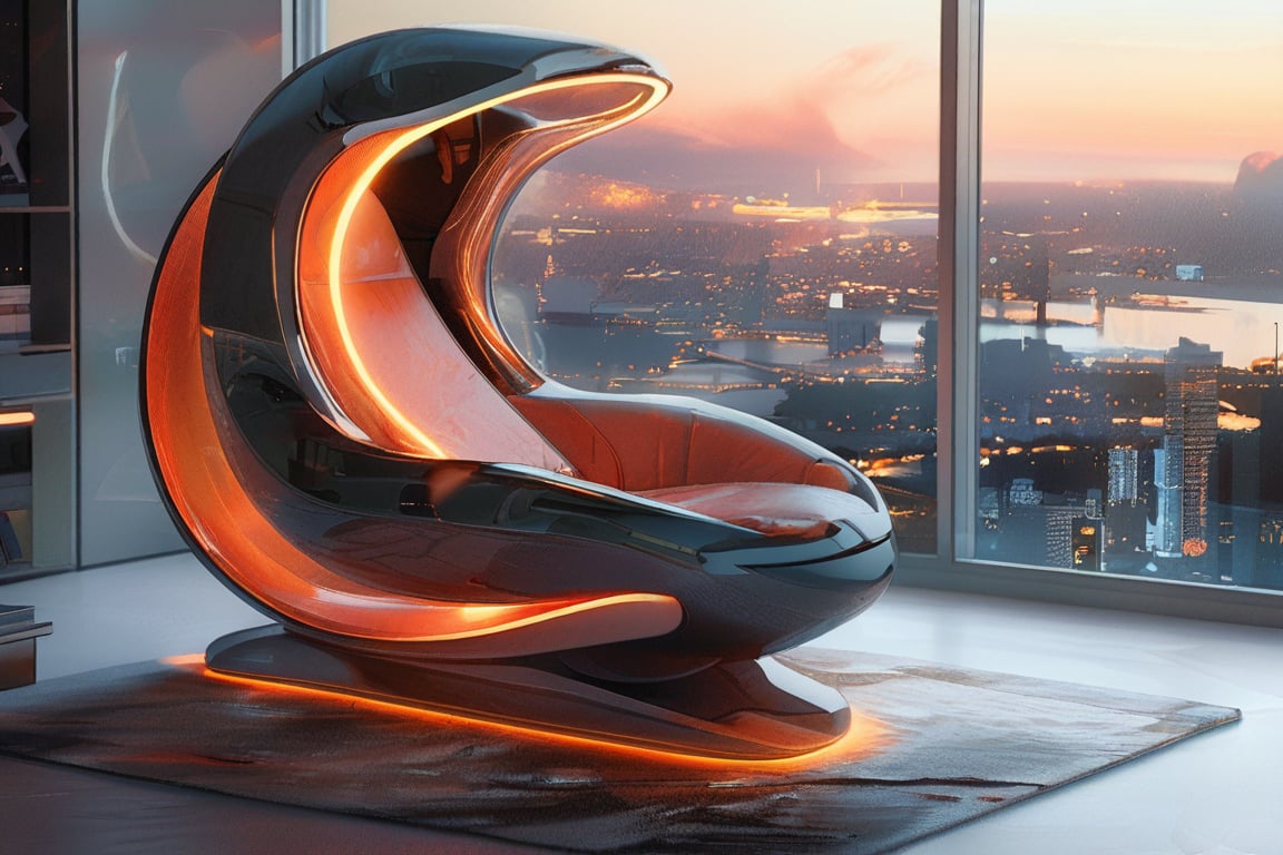 masterpiece, top quality, best quality, official art, beautiful and aesthetic, extreme detailed, a zero-gravity chair with sleek, transparent materials and glowing edges, minimalist design, set in a futuristic living room with panoramic cityscape views