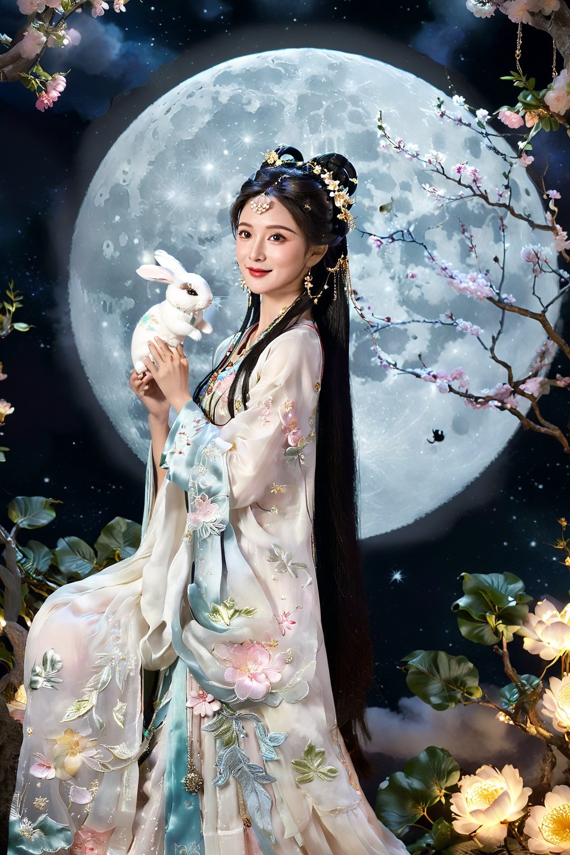 (realistic:1.4), On the moon lives Chang'e, the beautiful moon goddess. She has flawless porcelain skin and long black hair adorned with flowers. Chang'e wears an elegant long white dress embroidered with silver stars. She dances gracefully on the moon, her dress and hair flowing softly. In her arms she tenderly cradles a plump white moon rabbit. Chang'e's serene face glows under the moonlight as she gazes down at the earth. The magical Moon Palace shimmers around her. The laurel tree sways gently beside the divine Chang'e and her moon rabbit.