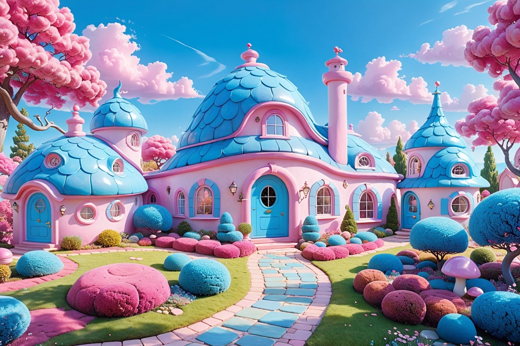 A whimsical, pastel-colored landscape dominated by a large, curved house with a blue roof and pink walls. The house has a round window and a blue door. Surrounding the house are various trees, bushes, and mushrooms in shades of pink, white, and brown. A cobblestone path leads up to the house's entrance. The sky is painted in soft hues of blue and pink, with fluffy clouds floating around. The overall ambiance of the image is dreamy and fantastical.