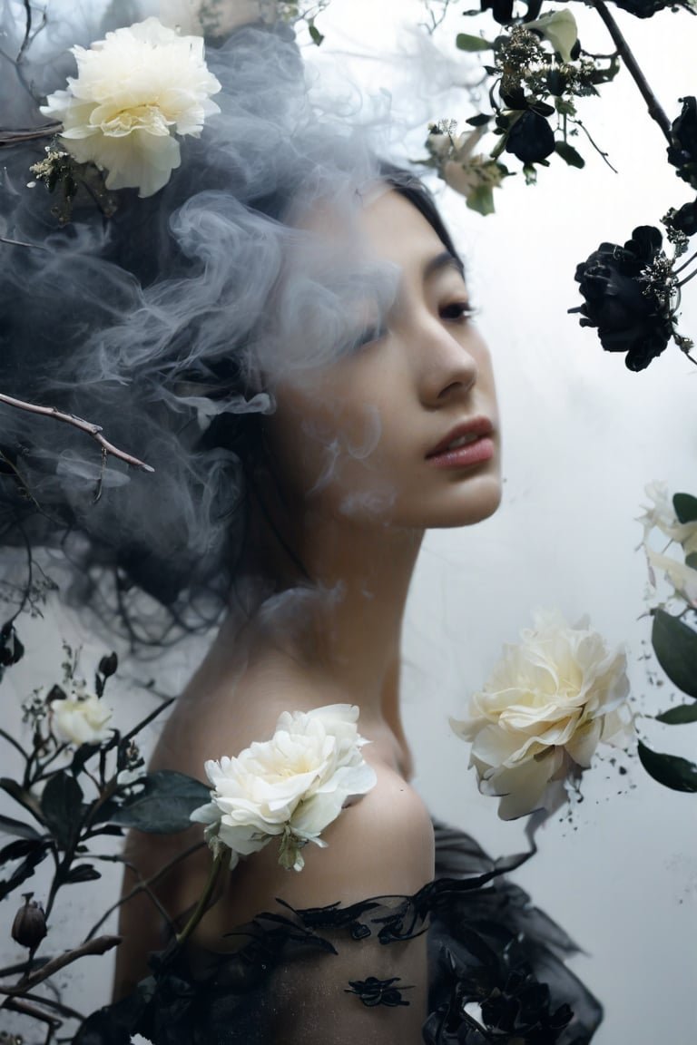 Beautiful female, made with black on white smoky layers, floating embers, surrealism,faize, flowers,