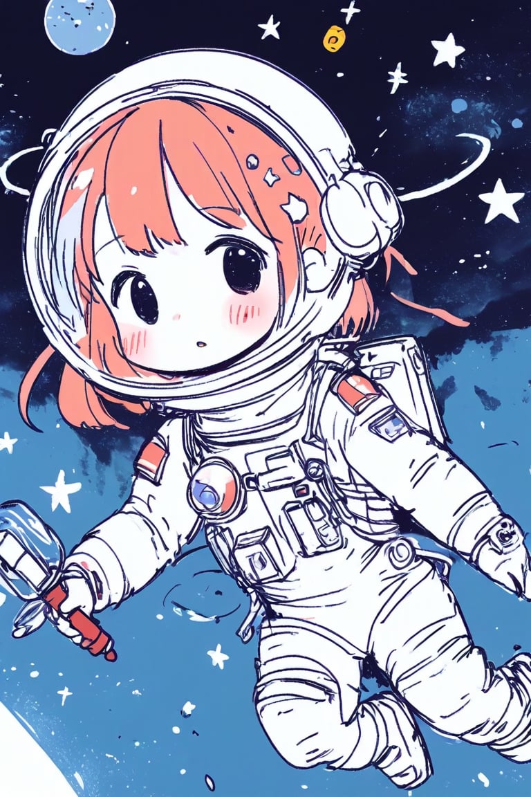 1girl, anime, astronaut floating in space, wearing a detailed spacesuit, Earth in the background, reflective helmet visor, holding a tool, stars and galaxies around, serene expression, zero gravity, intricate details, vibrant colors, masterpiece
