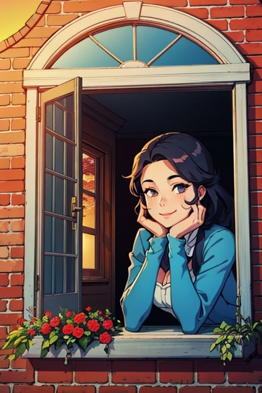 1girl, beautiful, girl wear cosplay costume,  girl for viewing from outside window, flowers in the window, brick wall, look at sunset, cute face, hands on chin pose, upper body, beautiful nature, smile face, romance_mood, Nelly,from outside window,Nelly,barbaradef,Detailedface