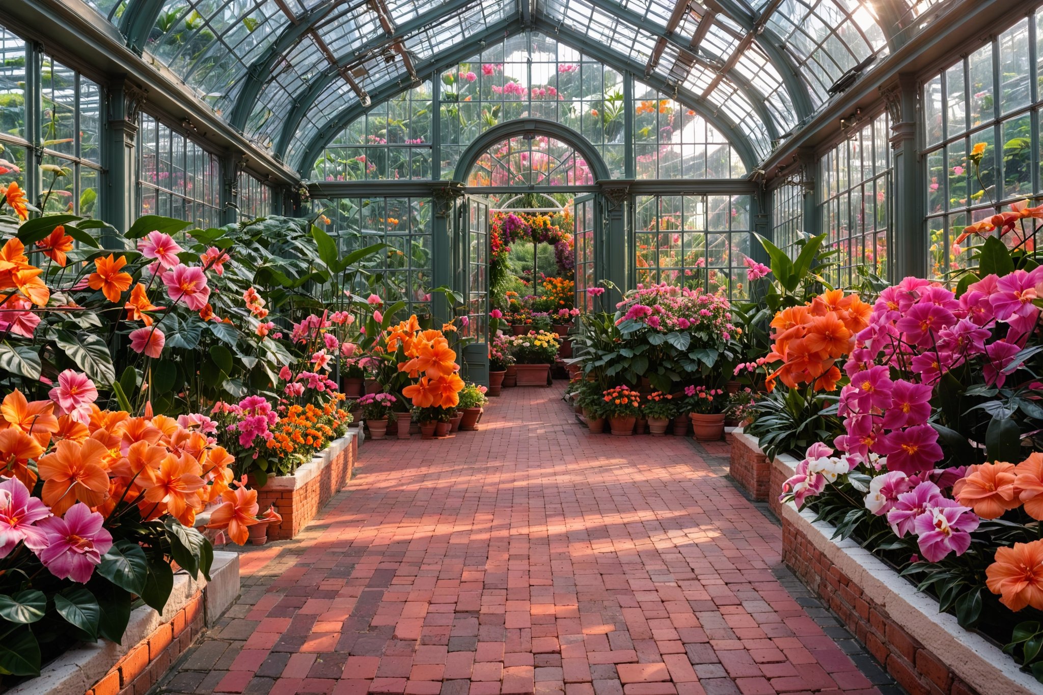 A beautifully designed greenhouse with a glass ceiling and walls. The interior is adorned with a plethora of vibrant flowers, predominantly in shades of pink, orange, and red. The pathway in the center is made of brick, leading towards an arched entrance. Sunlight filters through the glass, casting a warm glow over the entire space. The overall ambiance is serene, inviting, and reminiscent of a tropical garden.