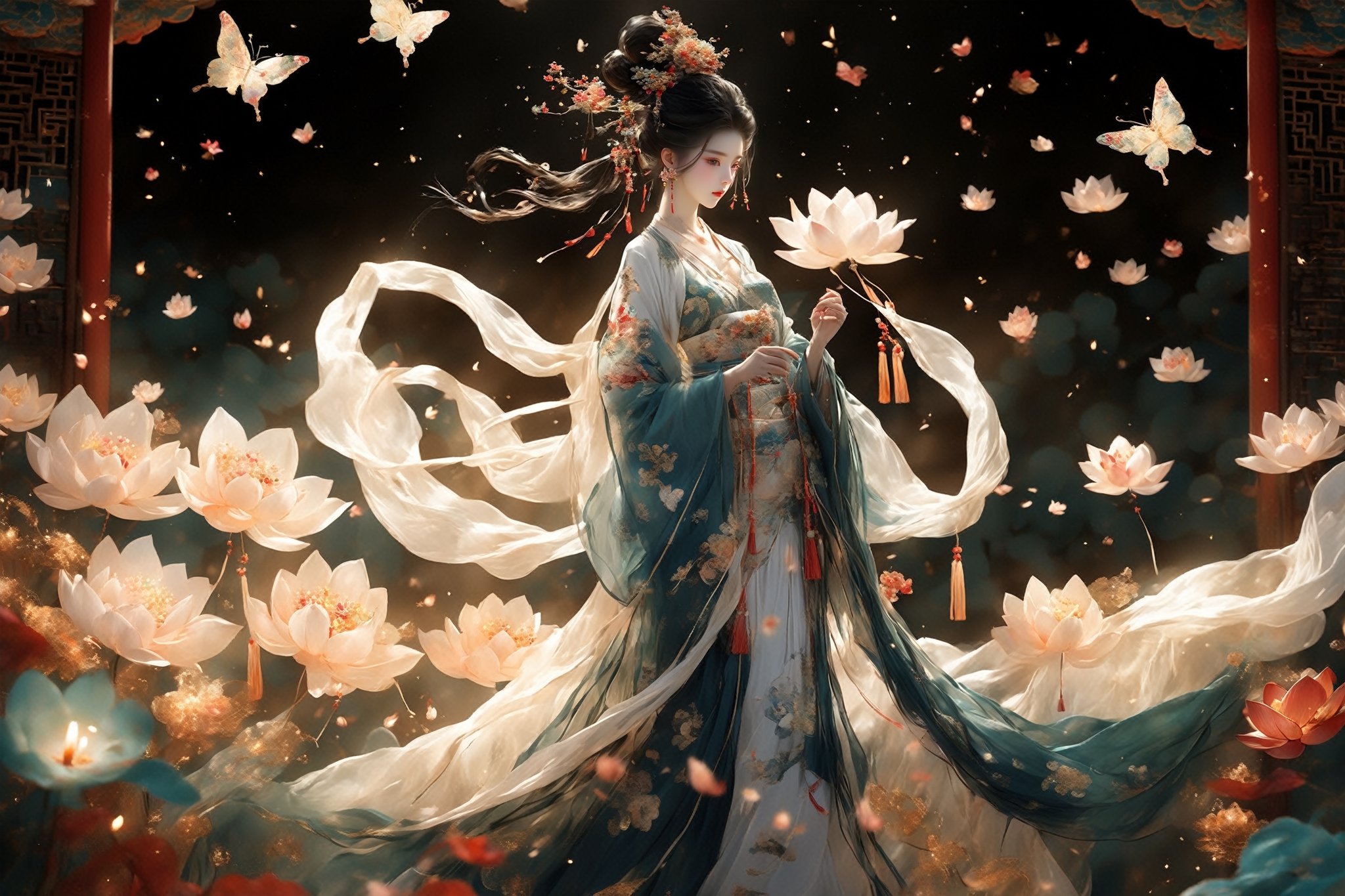 1girl, solo, long hair, black hair, hair ornament, long sleeves, dress, holding, jewelry, standing, full body, flower, earrings, hair bun, white dress, sparkle, chinese clothes, single hair bun, bug, white flower, butterfly, tassel, forehead mark, candle, lotus,dunhuang