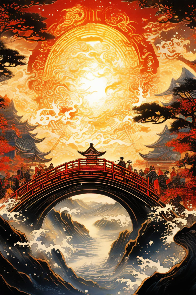 Masterpiece, beautiful and aesthetic, ultra detail, intricate, calligraphy brush, gold leaf sparkle, kanji, intricate nishiki-e, describing an epic scene, a heavenly procession of deities crossing a celestial bridge, their divine light banishing the darkness below. Inspired by Chinese legends.