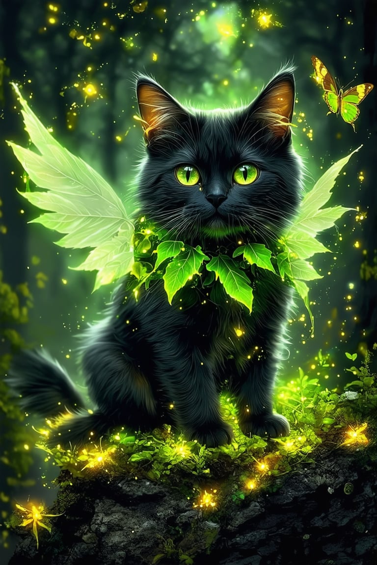 A mystical, dark-furred cat with luminescent green eyes. It is surrounded by a luminous green aura, with glowing green tendrils and leaves emanating from its body. The cat is perched on a rock amidst a forest setting, with small glowing orbs scattered around. Butterflies with luminescent wings flutter around the cat, and there are intricate details of leaves and other foliage in the background. The overall ambiance of the image is magical and enchanting.