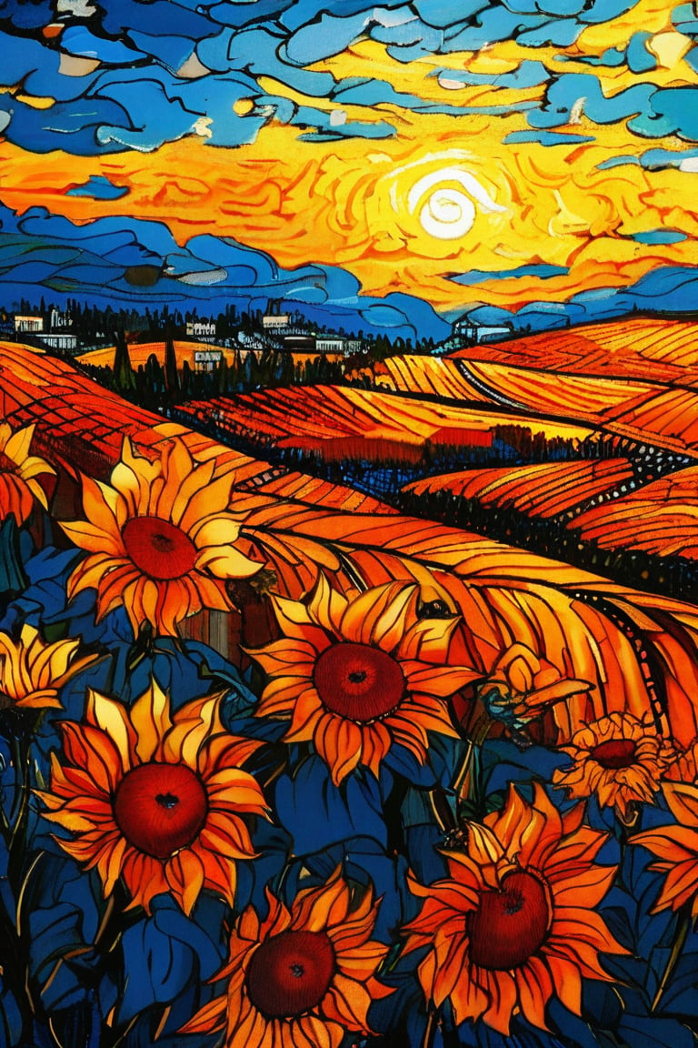 A serene landscape of a sunflower field at dawn, with golden blooms and a radiant sky, in the style of Vincent van Gogh, using a vibrant color palette of rich yellows, fiery oranges, and deep blues with swirling, textured brushstrokes. Artists: Vincent van Gogh, Henri de Toulouse-Lautrec, Paul Gauguin.